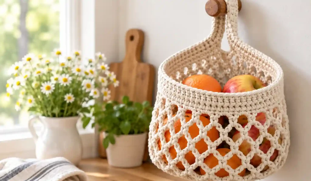 Hanging Produce Basket: finished crochet project