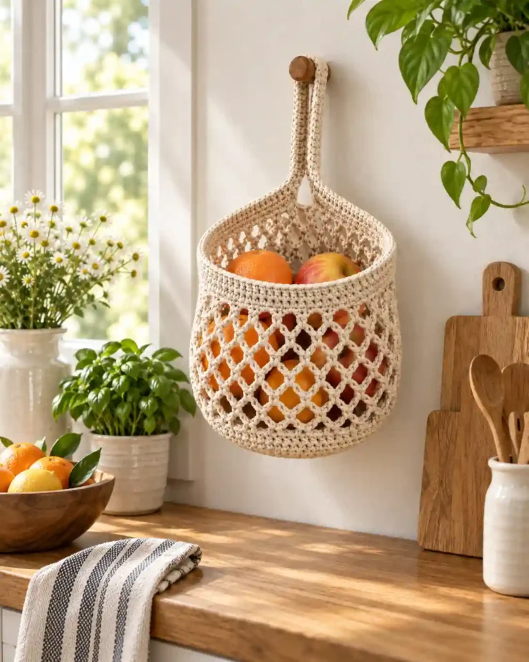 Crochet Hanging Produce Basket Pattern — Printable PDF 2 Crochet hanging produce basket styled in a rustic kitchen pantry