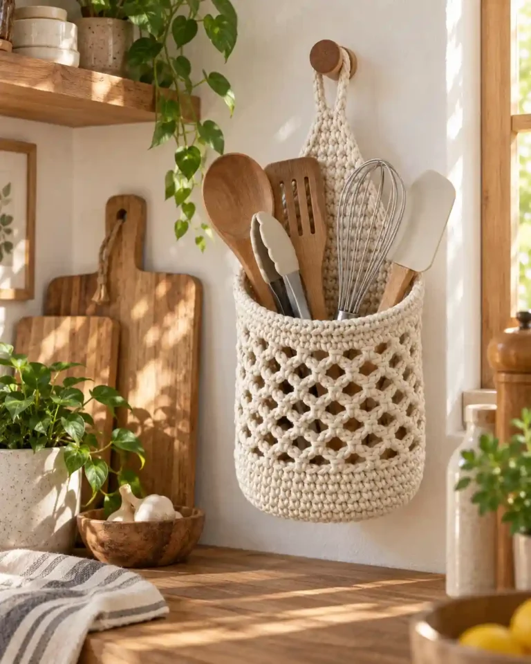 Crochet utensil basket used for kitchen wall storage