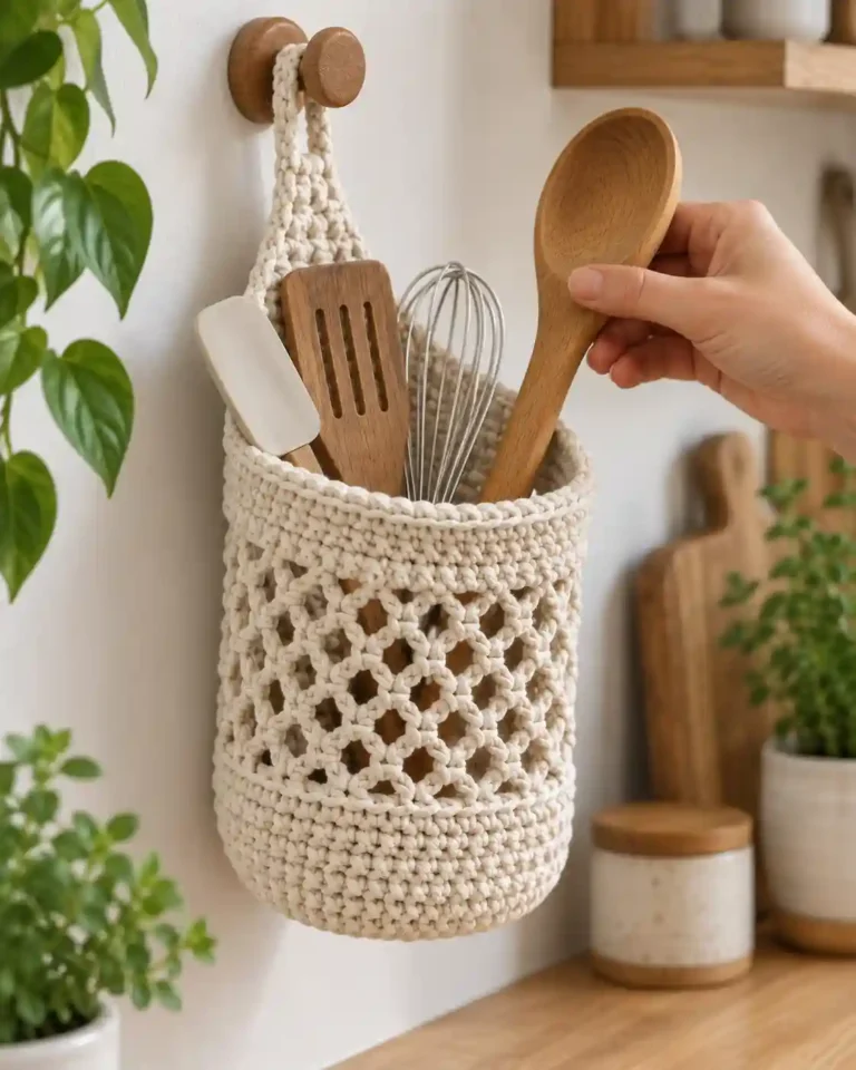 A hand placing a wooden spoon into a hanging crochet utensil basket