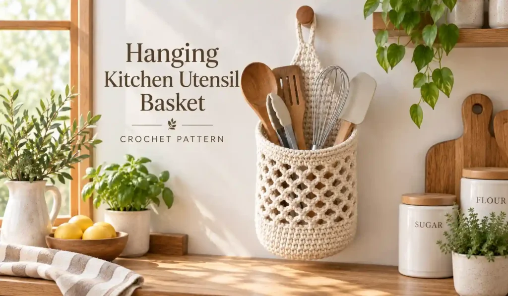 Hanging Kitchen Utensil Basket: finished crochet project