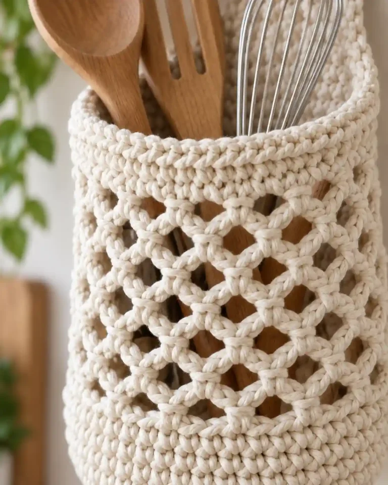 Close-up of the cream crochet mesh, solid rim, and utensils inside the basket