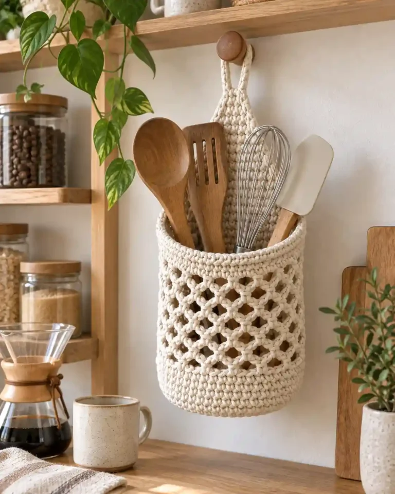 Hanging kitchen utensil basket crochet pattern in a styled kitchen