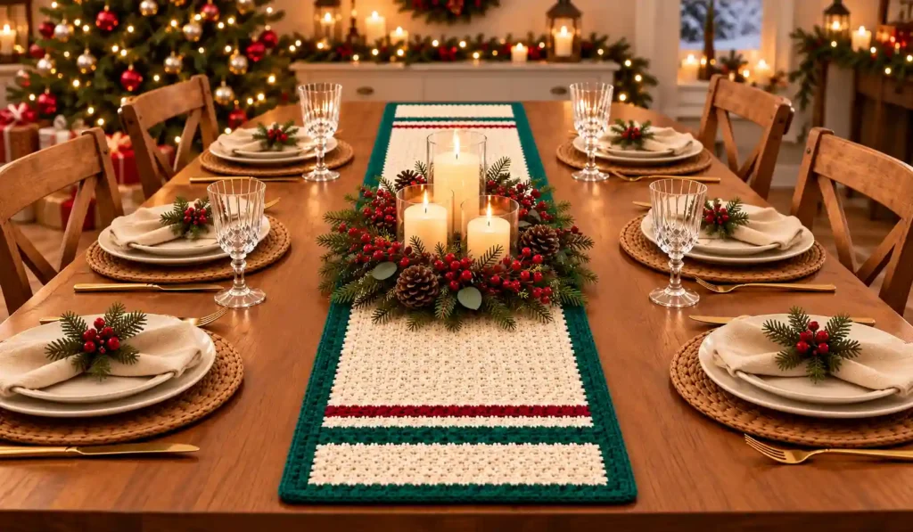 Nordic Noël crochet Christmas table runner on a warmly decorated holiday dining table