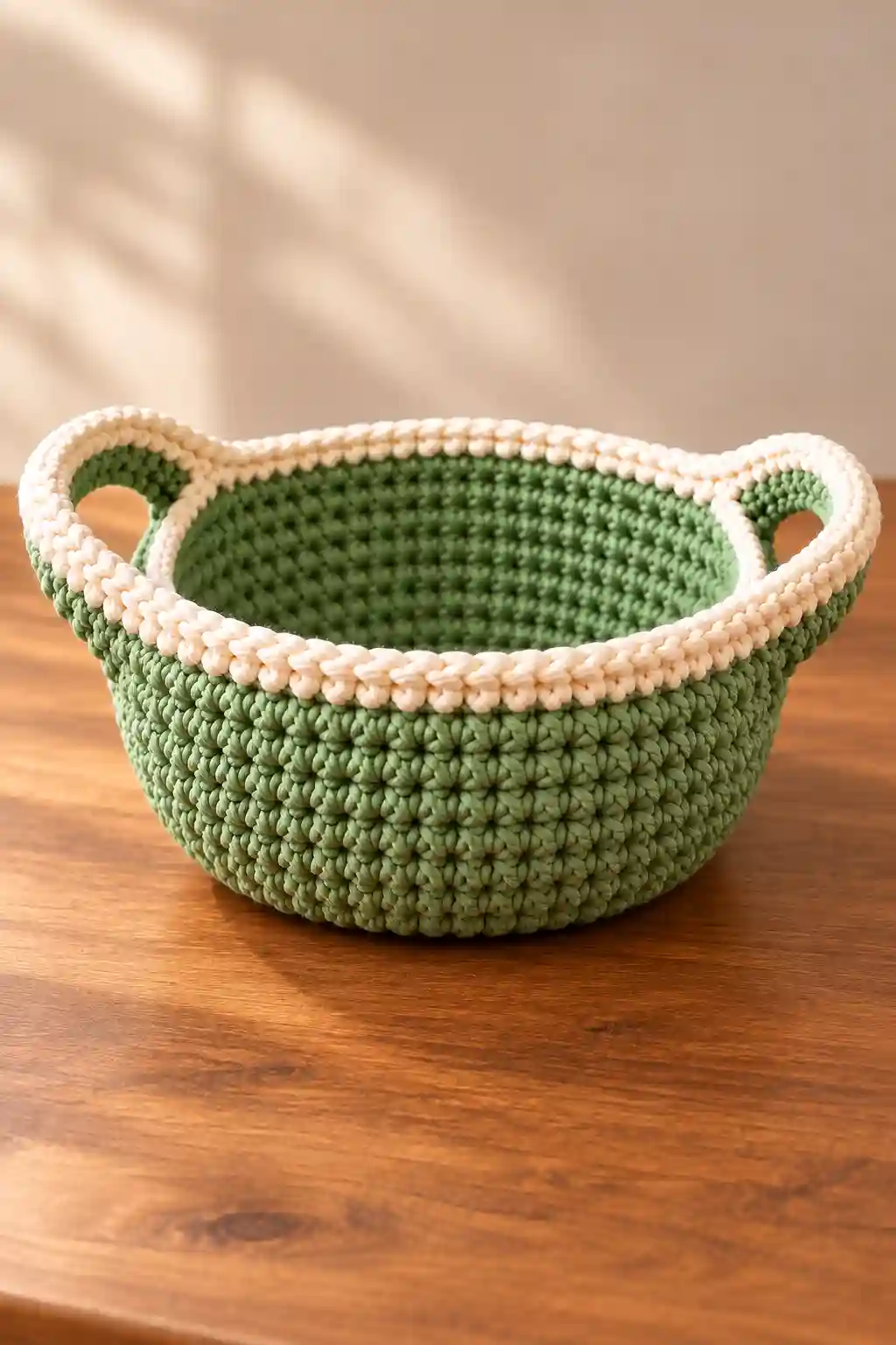 Crochet bowl carrier cotton stitch texture close-up