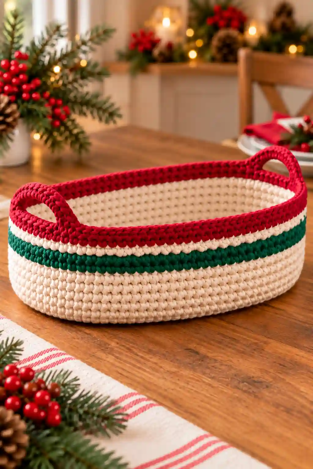 Close view of the empty crochet Christmas bread basket and its festive color bands