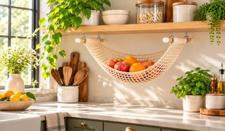Crochet Fruit Hammock Pattern PDF: Under-Shelf Kitchen Storage 3 Crochet fruit hammock hanging beneath a wooden kitchen shelf