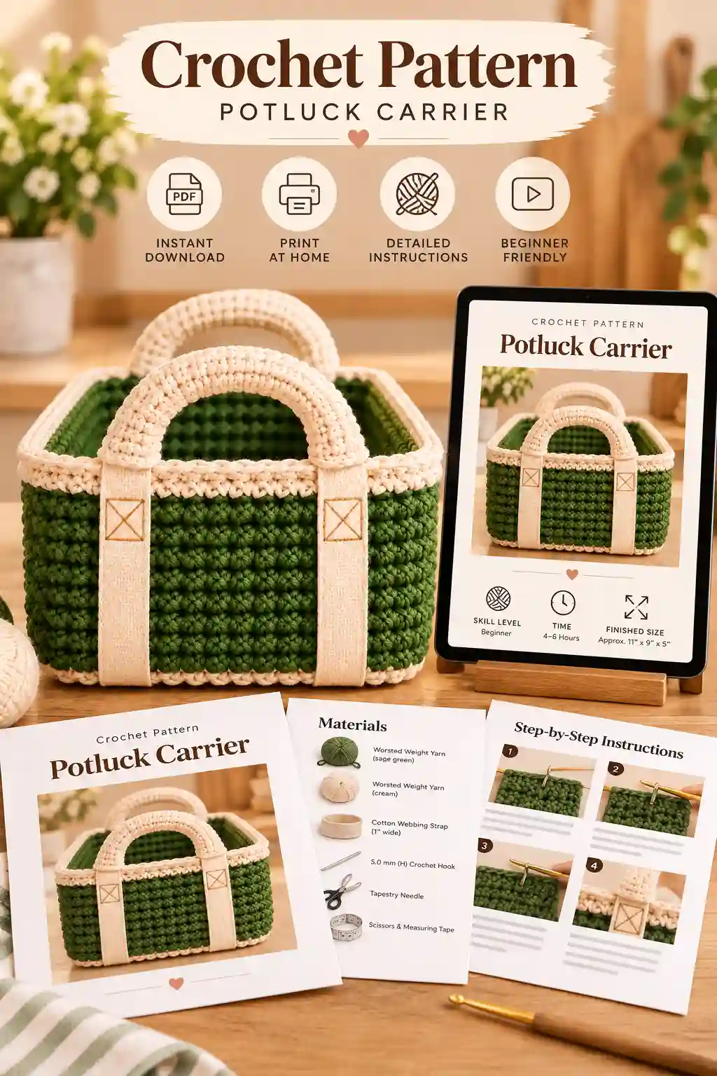 Digital crochet potluck carrier PDF pattern shown with printable guide materials and illustrated steps