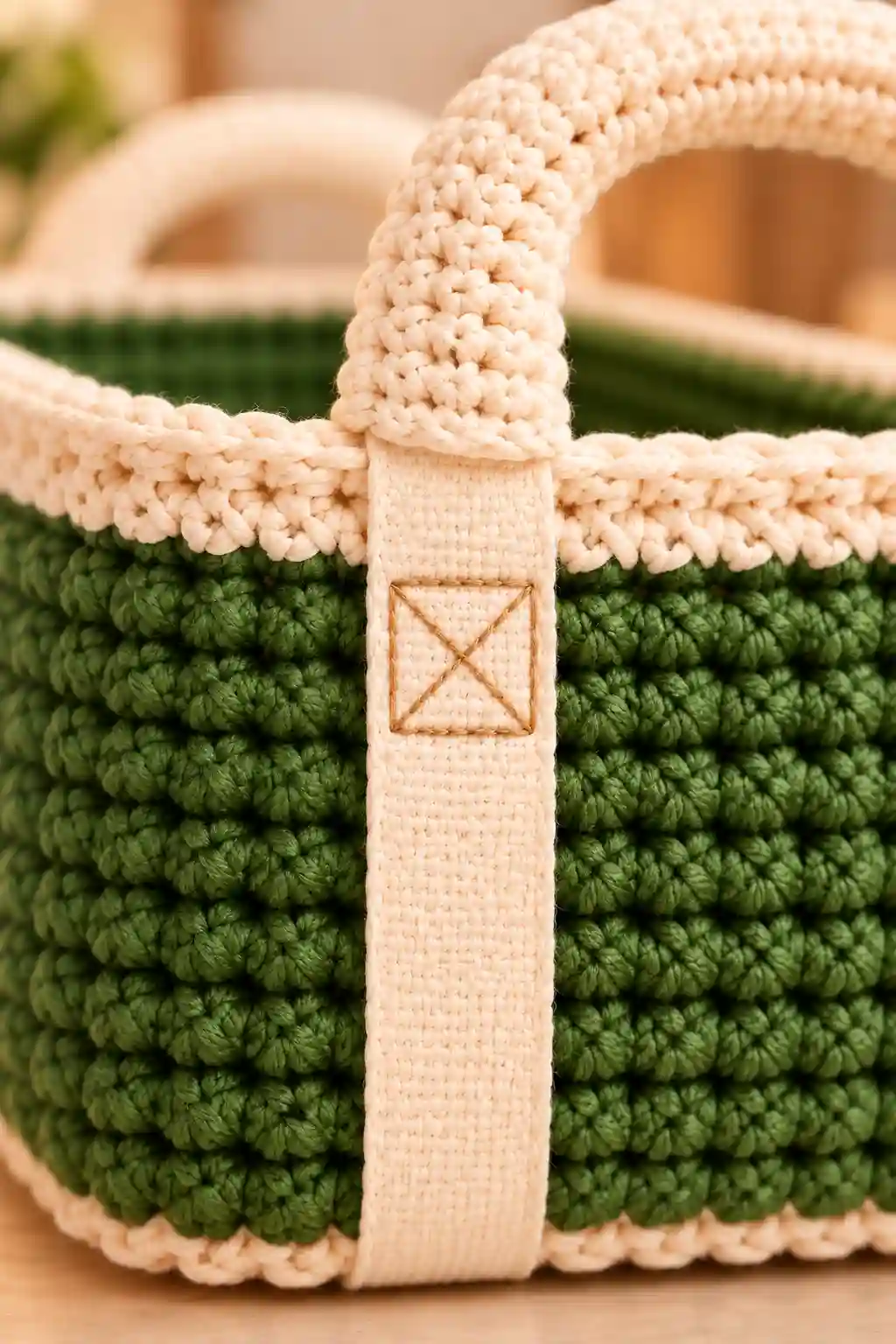 Close-up of the cream crocheted handle cover and reinforced cotton webbing on the potluck carrier