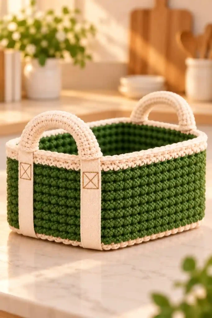 Home 6 Modern sage crochet potluck carrier with cream trim
