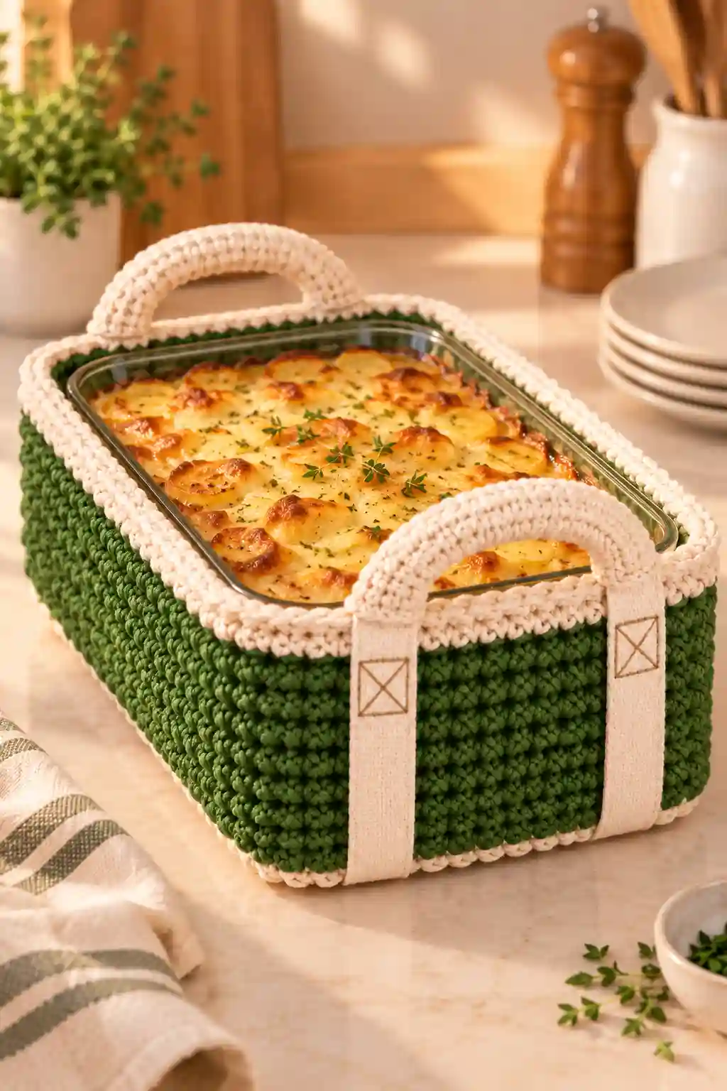 Sage green crochet casserole carrier displayed with a casserole dish