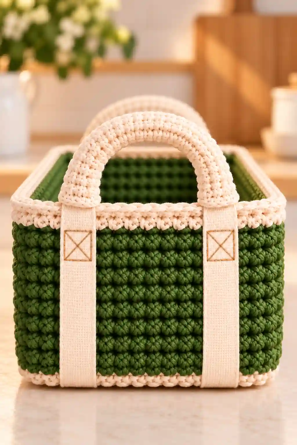 Front view of the sage green crochet potluck carrier showing textured stitches and cream handle covers