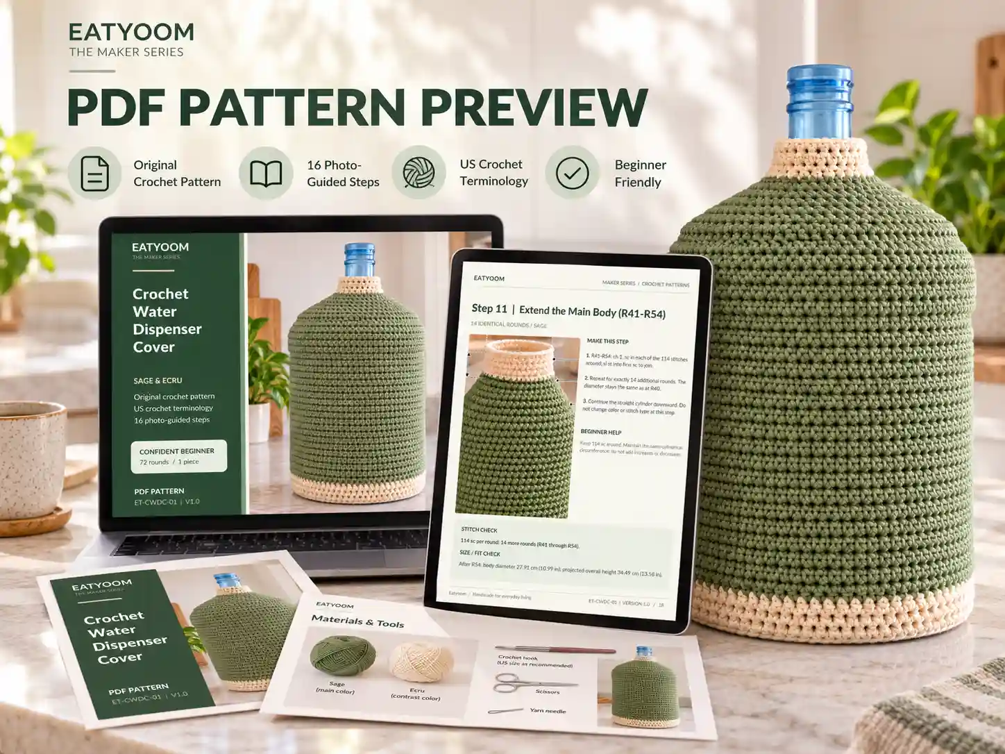 Preview of the digital crochet water dispenser cover pattern PDF and photo-guided instructions