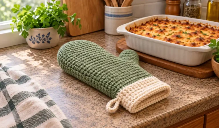Crochet Oven Mitt Pattern PDF: A Cozy Sage & Cream Kitchen Project 4 Sage and cream crochet oven mitt pattern in a kitchen beside a baked dish